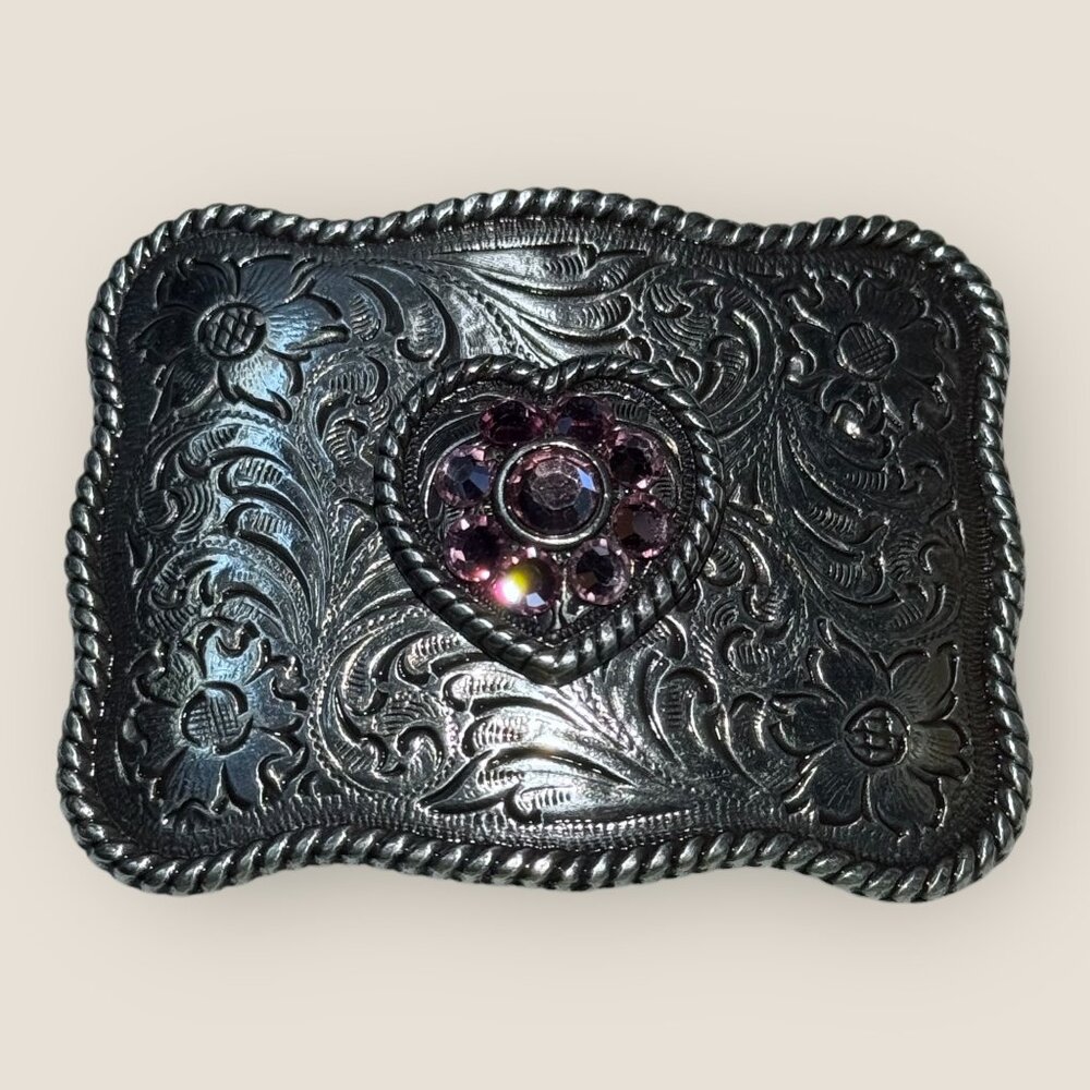 Vintage Nocona SilverTone Belt Buckle Floral Design Pink Rhinestone Heart Accent